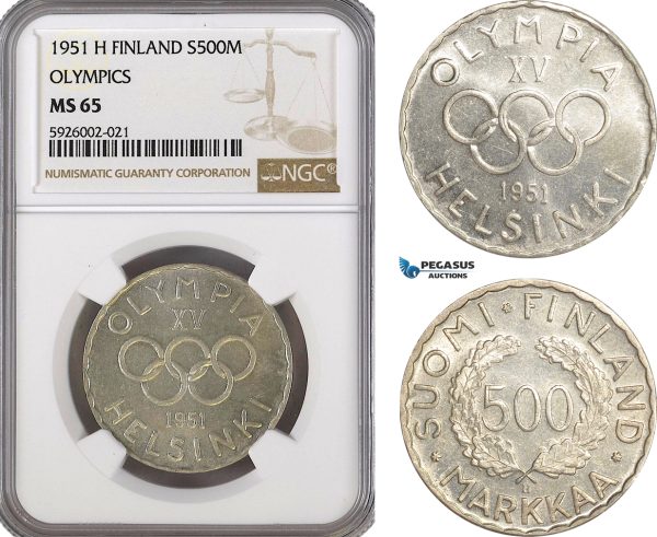 AG366, Finland, 500 Markkaa 1951-H, Helsinki, Silver, Olympics, NGC MS65, Pop 4/1