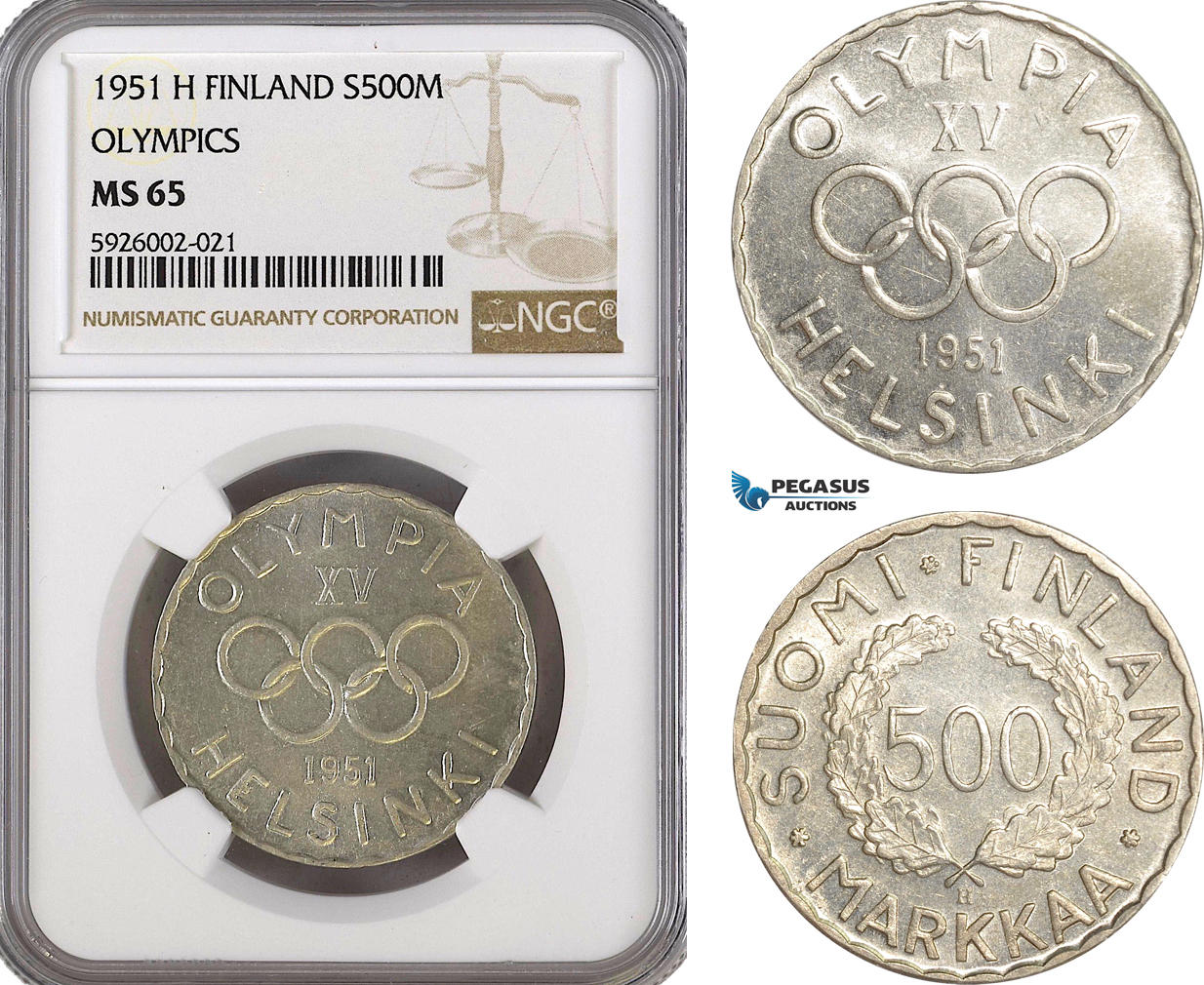 AG366, Finland, 500 Markkaa 1951-H, Helsinki, Silver, Olympics, NGC MS65, Pop 4/1