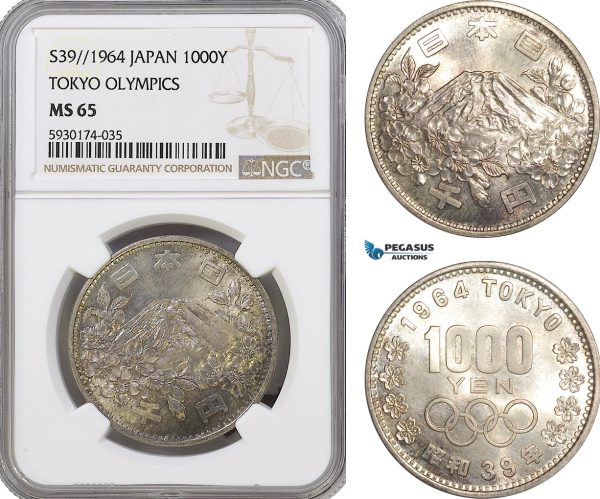 AG400, Japan, 1000 Yen 1964, Summer Olympics Games, Tokyo, Silver, NGC MS65