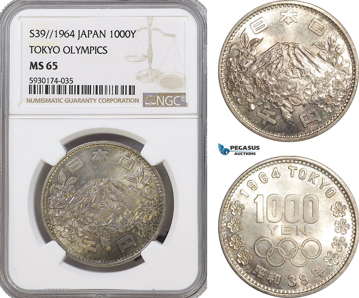 AG400, Japan, 1000 Yen 1964, Summer Olympics Games, Tokyo, Silver, NGC MS65