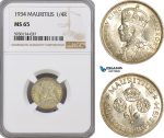 AG401, Mauritius, George V, 1/4 Rupee 1934, Silver, NGC MS65, Pop 3/2