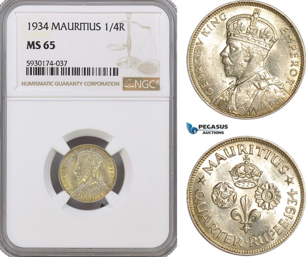 AG401, Mauritius, George V, 1/4 Rupee 1934, Silver, NGC MS65, Pop 3/2