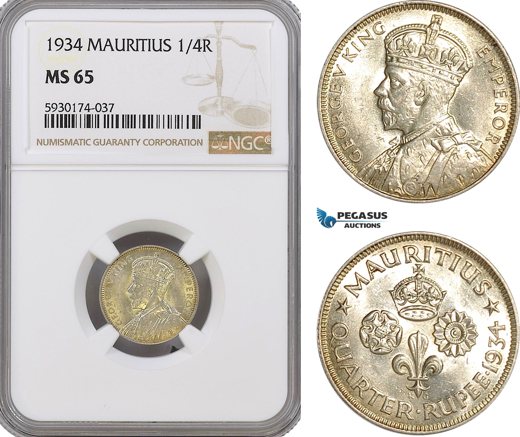 AG401, Mauritius, George V, 1/4 Rupee 1934, Silver, NGC MS65, Pop 3/2