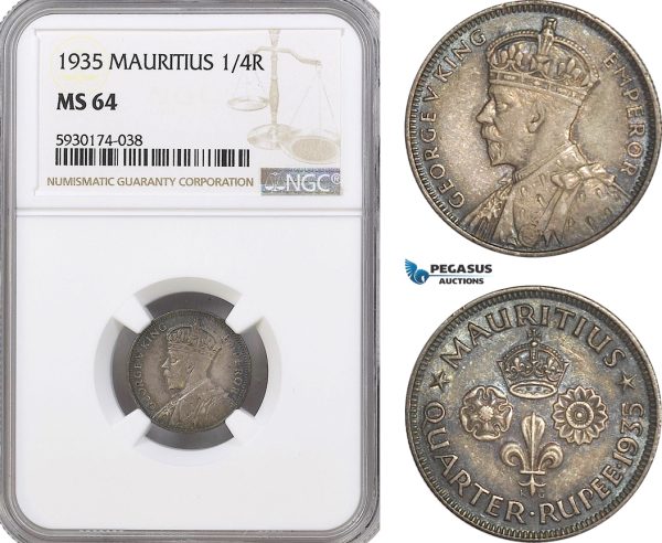 AG402, Mauritius, George V, 1/4 Rupee 1935, Silver, NGC MS64