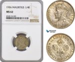 AG403, Mauritius, George V, 1/4 Rupee 1936, Silver, NGC MS62