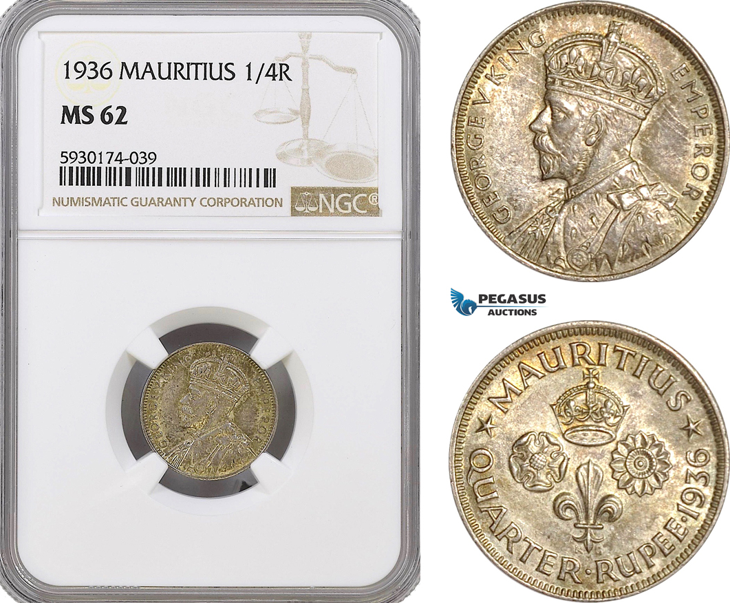 AG403, Mauritius, George V, 1/4 Rupee 1936, Silver, NGC MS62