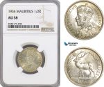 AG404, Mauritius, George V, 1/2 Rupee 1934, Silver, NGC AU58