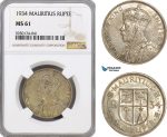 AG405, Mauritius, George V, 1 Rupee 1934, Silver, NGC MS61