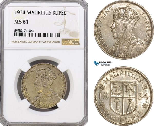 AG405, Mauritius, George V, 1 Rupee 1934, Silver, NGC MS61