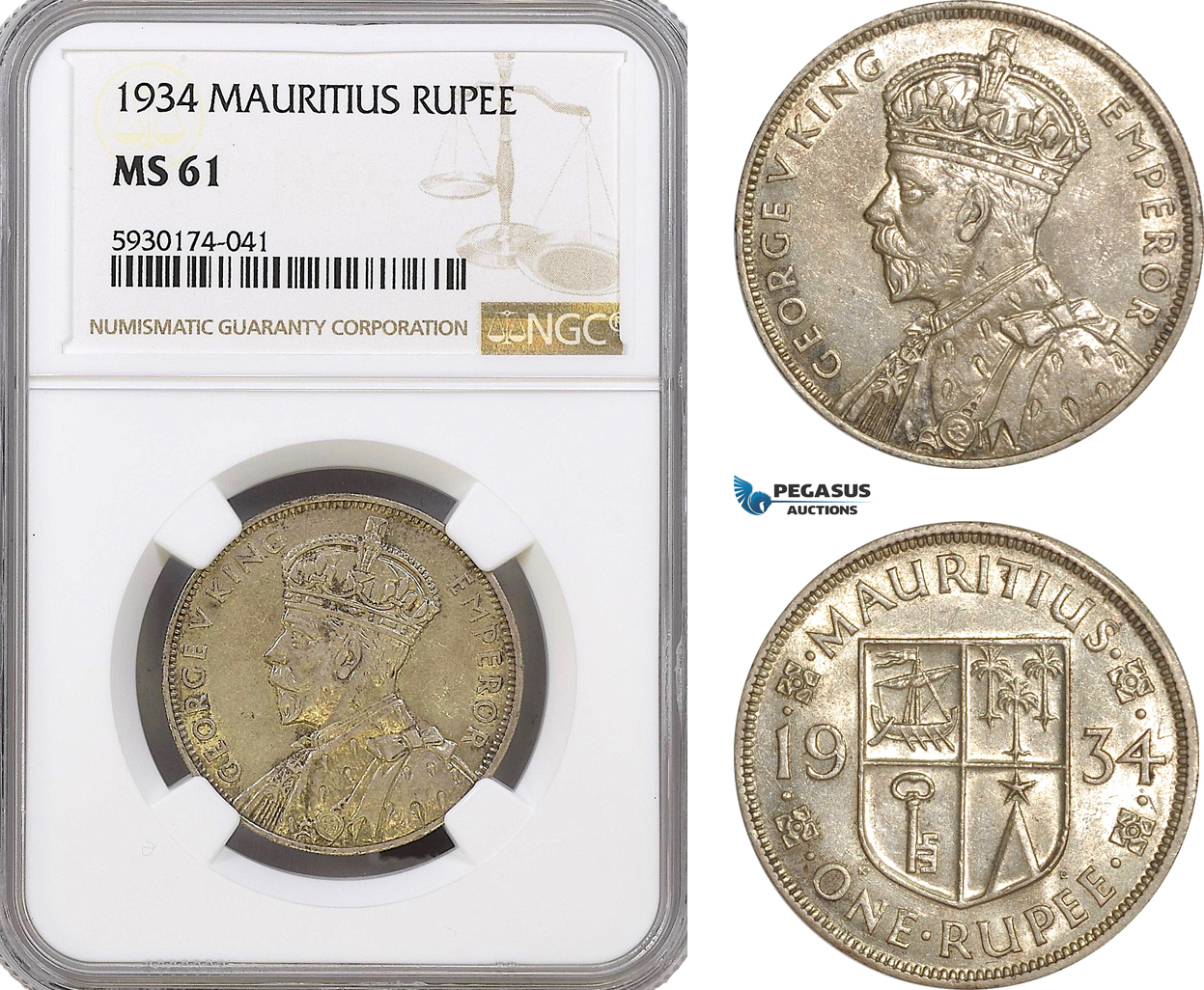 AG405, Mauritius, George V, 1 Rupee 1934, Silver, NGC MS61