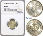 AG406, Mauritius, George VI, 1/4 Rupee 1938, Silver, NGC MS62