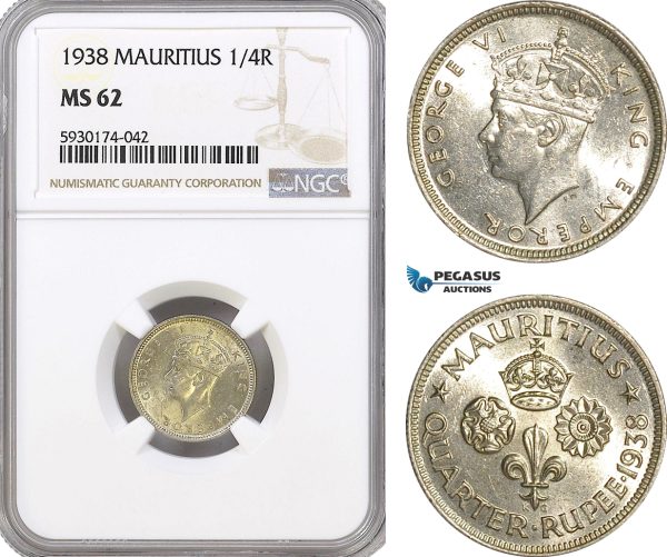 AG406, Mauritius, George VI, 1/4 Rupee 1938, Silver, NGC MS62