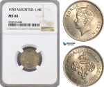 AG407, Mauritius, George VI, 1/4 Rupee 1950, NGC MS66, Pop 2/0