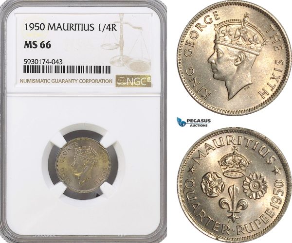 AG407, Mauritius, George VI, 1/4 Rupee 1950, NGC MS66, Pop 2/0