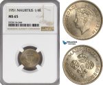 AG408, Mauritius, George VI, 1/4 Rupee 1951, NGC MS65, Pop 3/2