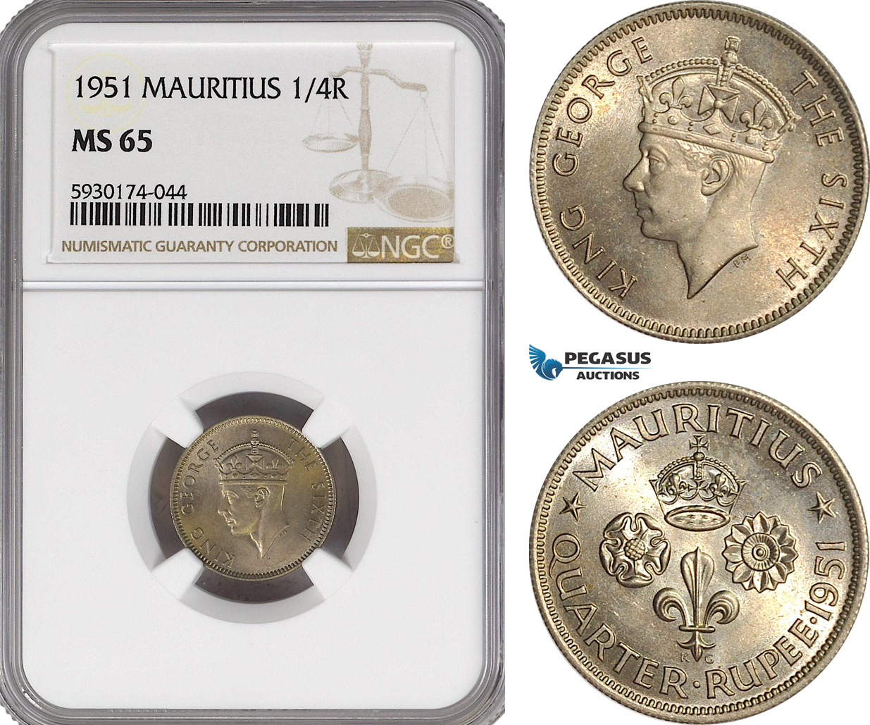 AG408, Mauritius, George VI, 1/4 Rupee 1951, NGC MS65, Pop 3/2