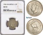 AG409, Mauritius, George VI, 1/2 Rupee 1946, Silver, NGC AU55, Rare!