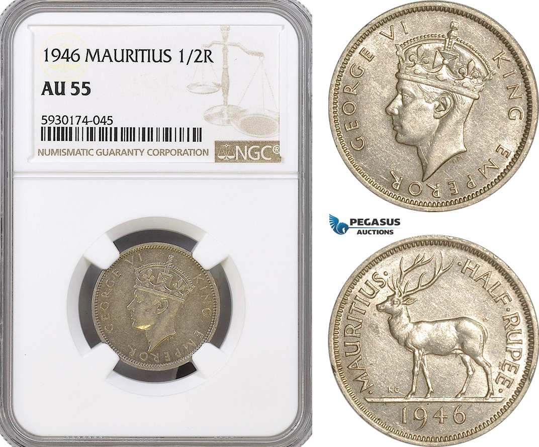 AG409, Mauritius, George VI, 1/2 Rupee 1946, Silver, NGC AU55, Rare!