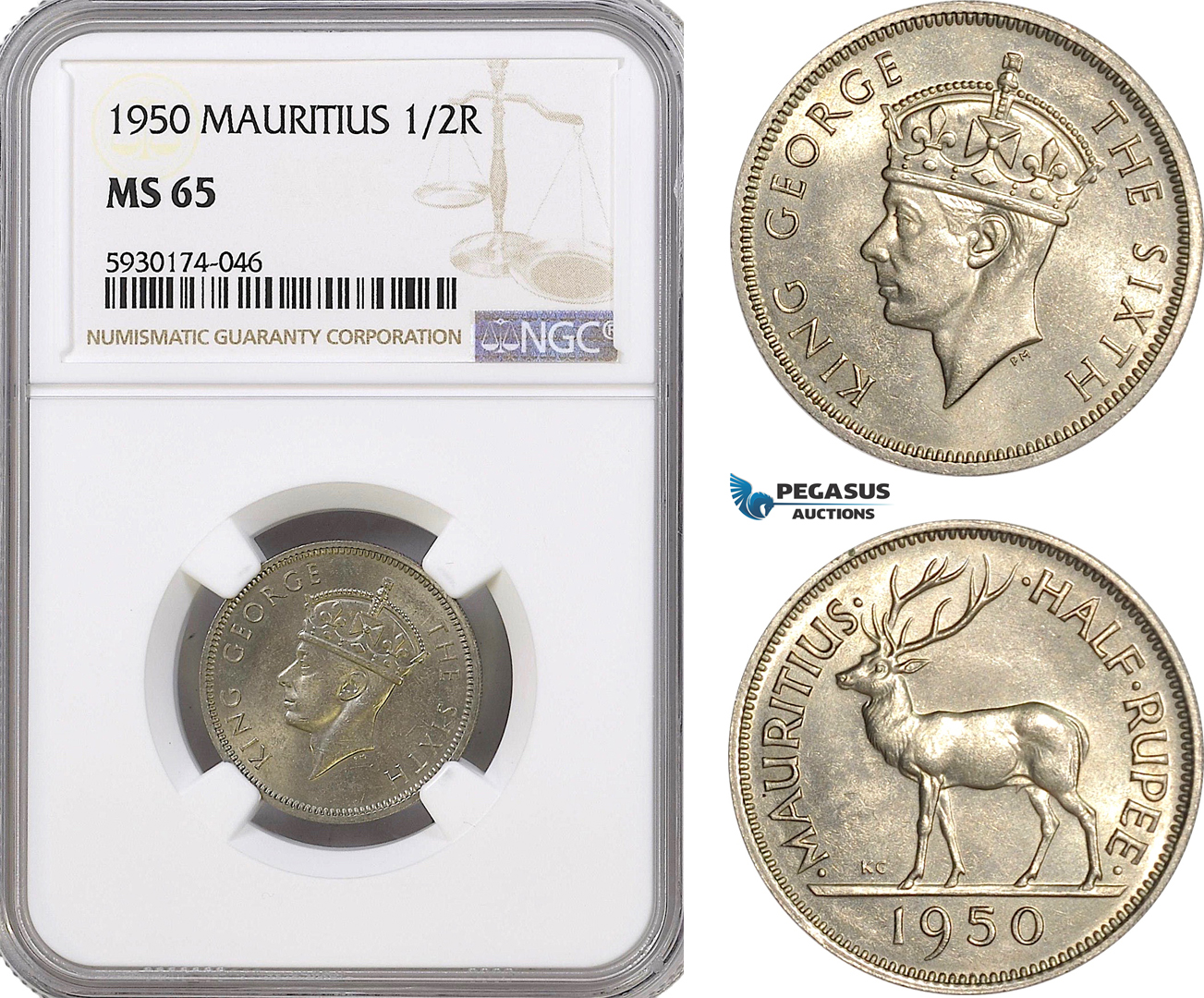 AG410, Mauritius, George VI, 1/2 Rupee 1950, NGC MS65