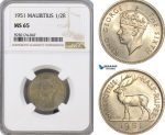 AG411, Mauritius, George VI, 1/2 Rupee 1951, NGC MS65