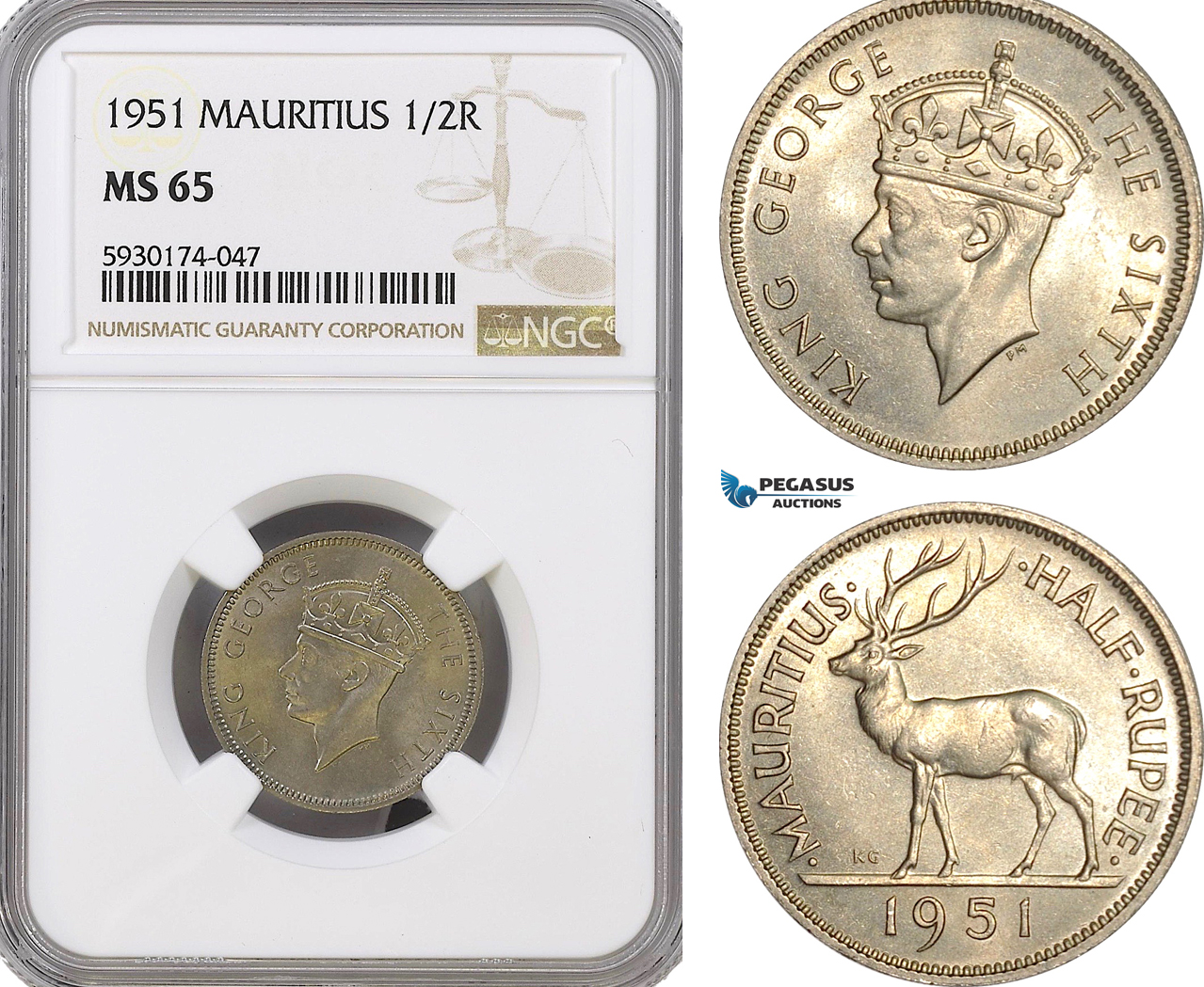 AG411, Mauritius, George VI, 1/2 Rupee 1951, NGC MS65