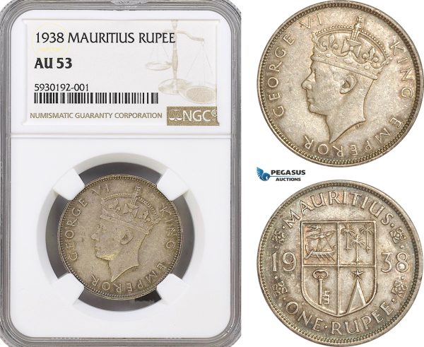 AG412, Mauritius, George VI, 1 Rupee 1938, Silver, NGC AU53