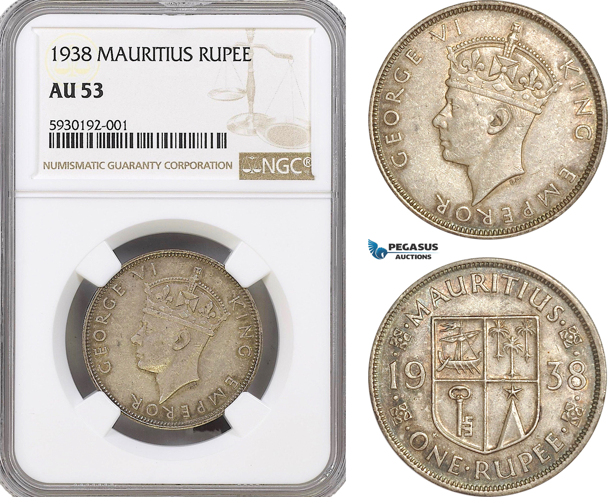 AG412, Mauritius, George VI, 1 Rupee 1938, Silver, NGC AU53