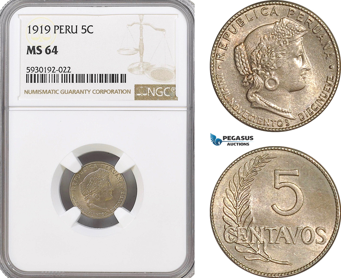 AG423, Peru, 5 Centavos 1919, NGC MS64, Pop 2/1