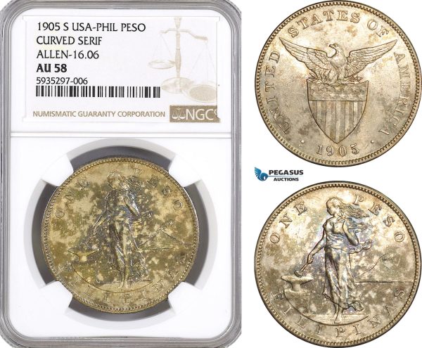 AG424, Philippines (US Administration) Peso 1905-S, San Francisco, Silver, Curved Serif Allen-16-06, NGC AU58