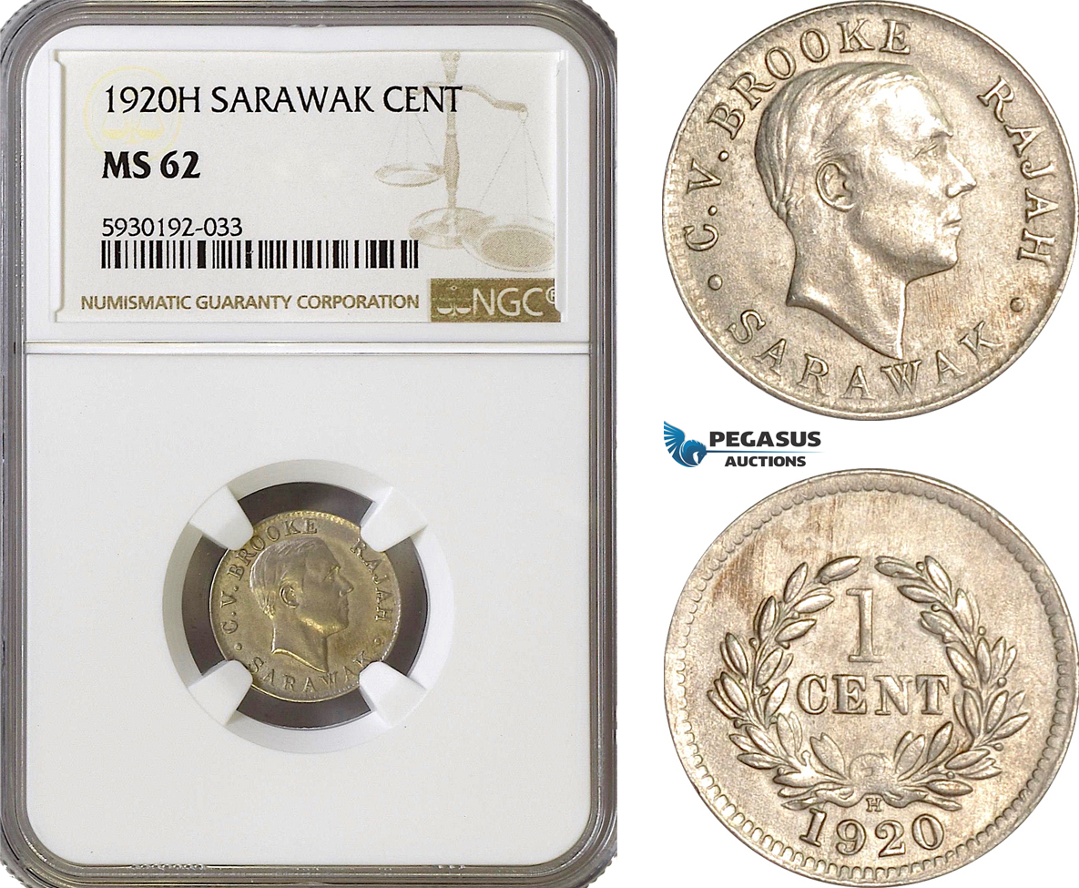 AG429, Sarawak, C.V. Brooke Rajah, 1 Cent 1920-H, Heaton, Copper-Nickel, NGC MS62