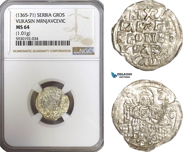 AG430, Serbia, Vukasin Mrnjavcevic, Grosch ND (1365-71) Silver (1.01g) NGC MS64, Pop 1/0