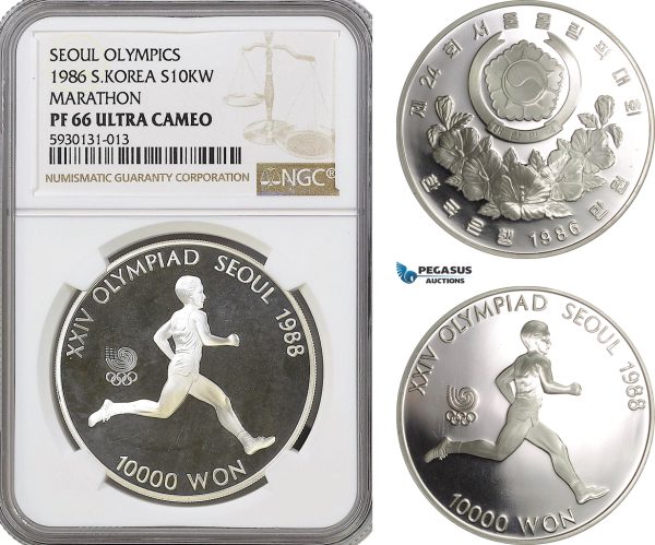 AG434, South Korea, 10000 Won 1988, Seoul Olympic Games, Marathon, Silver, NGC PF66 Ultra Cameo