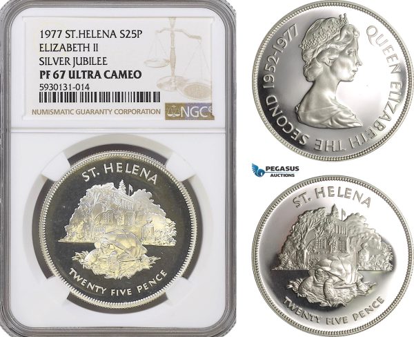 AG435, Saint Helena, 25 Pence 1977, Elizabeth II, 25th Anniversary of the Accession, Silver, NGC PF67 Ultra Cameo, Pop 1/4
