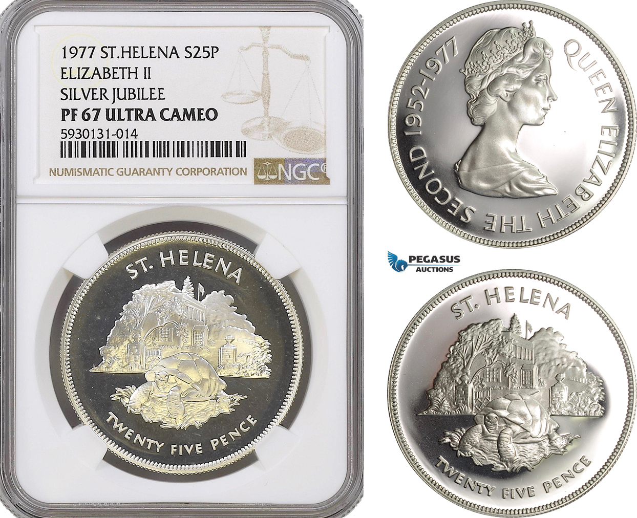 AG435, Saint Helena, 25 Pence 1977, Elizabeth II, 25th Anniversary of the Accession, Silver, NGC PF67 Ultra Cameo, Pop 1/4