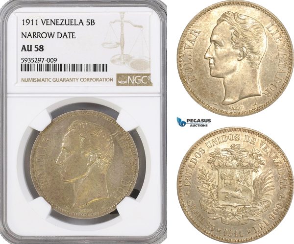 AG442, Venezuela, 5 Bolivares 1911, Paris, Silver, "Narrow Date" NGC AU58