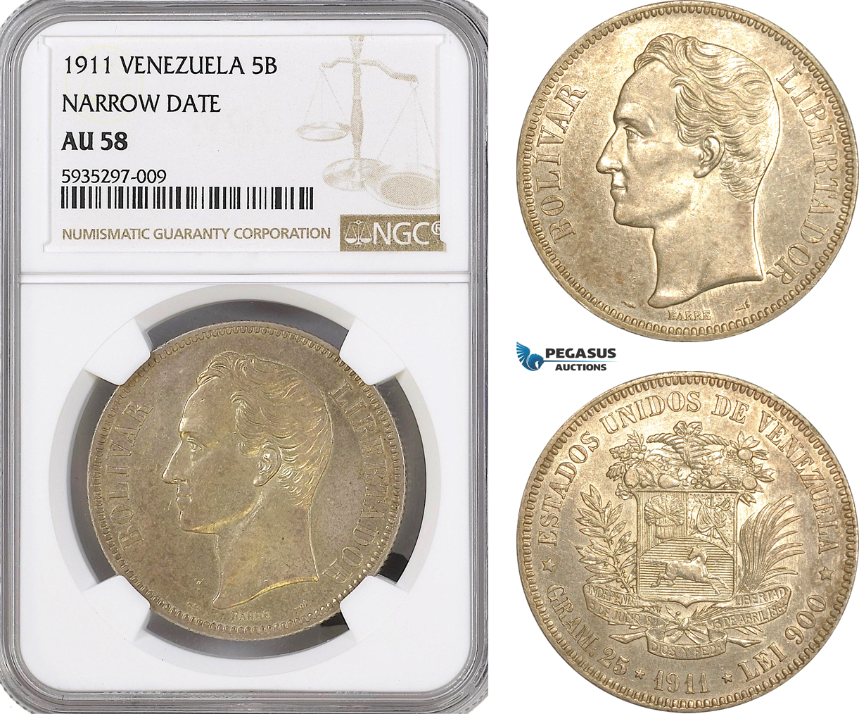 AG442, Venezuela, 5 Bolivares 1911, Paris, Silver, "Narrow Date" NGC AU58