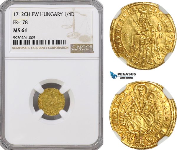 AG454, Hungary, Karl VI, 1/4 Ducat 1712-CH PW, Pressburg, Gold, NGC MS61, Rare!