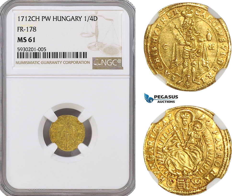 AG454, Hungary, Karl VI, 1/4 Ducat 1712-CH PW, Pressburg, Gold, NGC MS61, Rare!