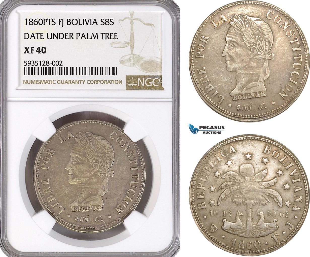 AG469-R, Bolivia, 8 Soles 1860 PTS FJ, Potosi, Date Under Palm Tree, Silver, NGC XF40