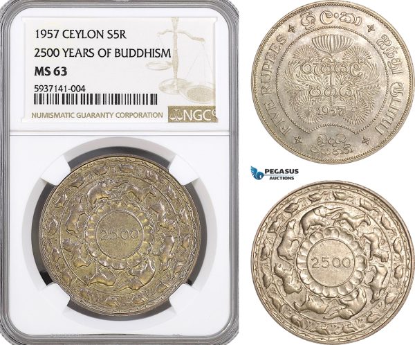AG473, Ceylon, 5 Rupees 1957, 2500 Years of Buddhism, Silver, NGC MS63