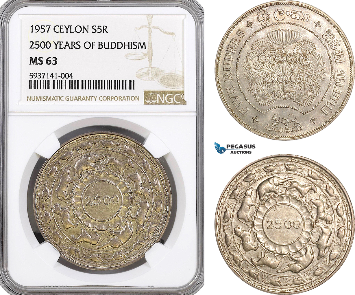 AG473, Ceylon, 5 Rupees 1957, 2500 Years of Buddhism, Silver, NGC MS63