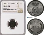 AG480-R, Denmark, Christian IX, 1 Øre 1881, Copenhagen, NGC MS62BN, Pop 1/1, Rare!