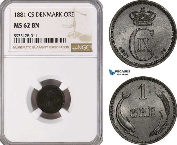 AG480-R, Denmark, Christian IX, 1 Øre 1881, Copenhagen, NGC MS62BN, Pop 1/1, Rare!