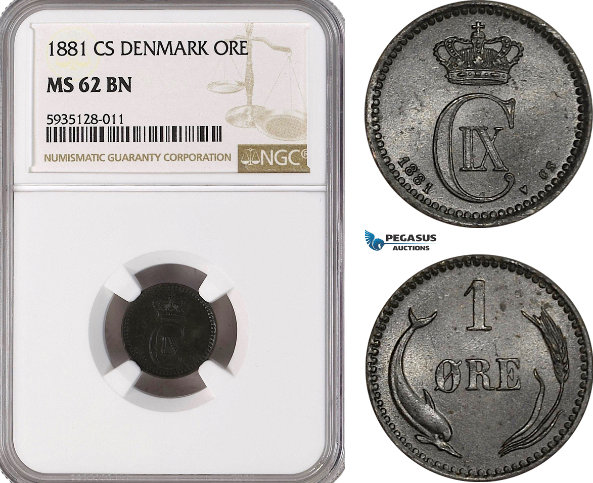 AG480-R, Denmark, Christian IX, 1 Øre 1881, Copenhagen, NGC MS62BN, Pop 1/1, Rare!