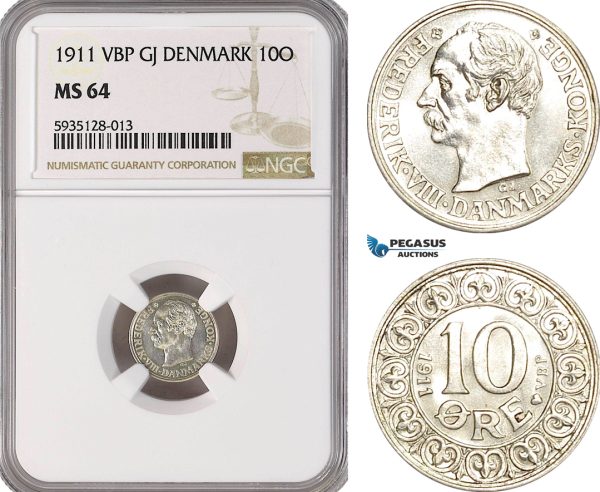 AG481-R, Denmark, Frederik VIII, 10 Øre 1911, Copenhagen, Silver, NGC MS64, Pop 2/3