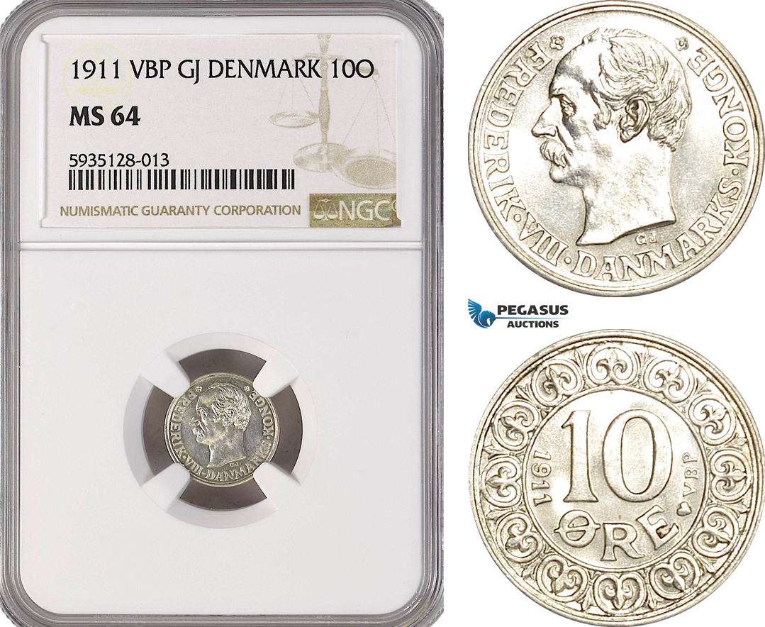 AG481-R, Denmark, Frederik VIII, 10 Øre 1911, Copenhagen, Silver, NGC MS64, Pop 2/3