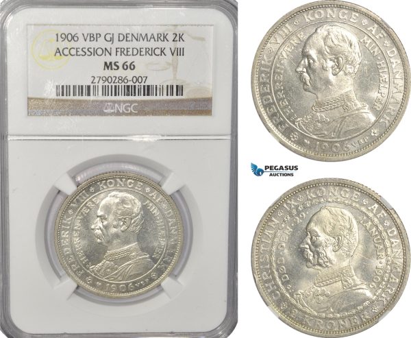 AG482, Denmark, Frederik VIII, 2 Kroner 1906-VBP, Copenhagen, Accession Of Federick VIII, Silver, NGC MS66