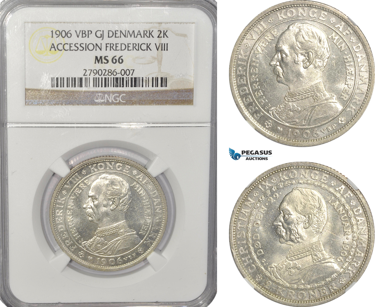 AG482, Denmark, Frederik VIII, 2 Kroner 1906-VBP, Copenhagen, Accession Of Federick VIII, Silver, NGC MS66