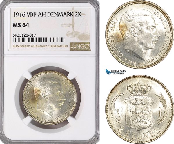 AG483-R, Denmark, Christian X, 2 Kroner 1916 VBP, Copenhagen, Silver, NGC MS64
