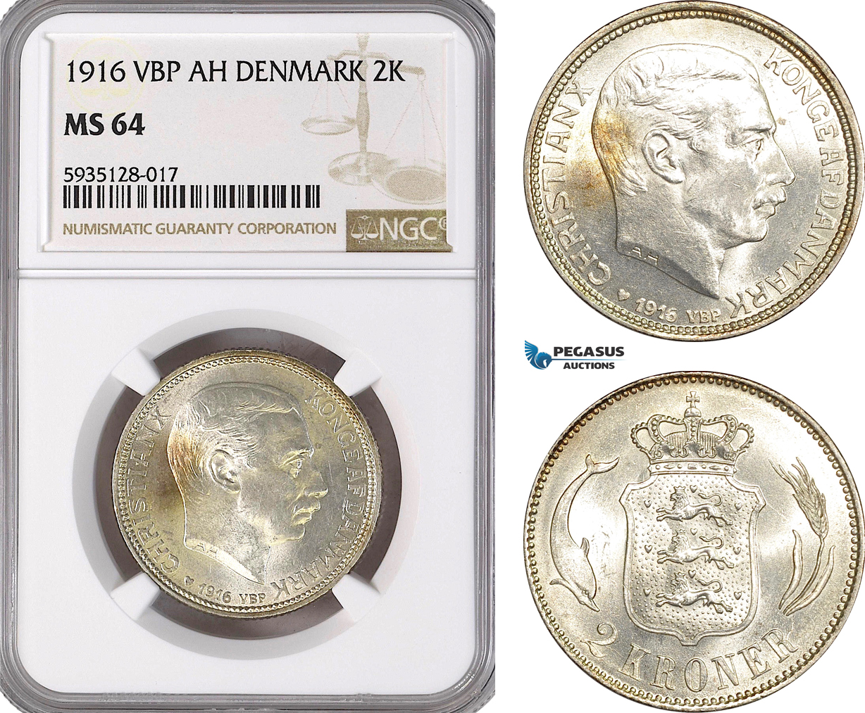 AG483-R, Denmark, Christian X, 2 Kroner 1916 VBP, Copenhagen, Silver, NGC MS64